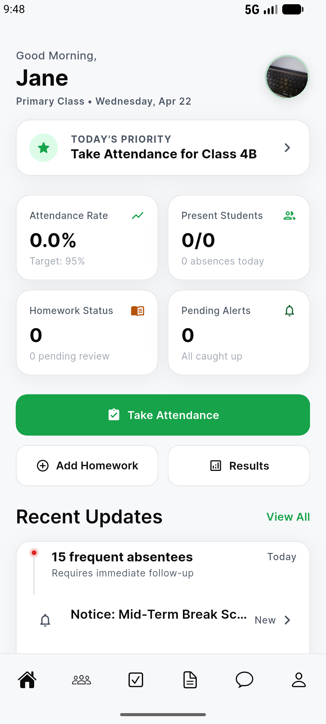 EBingwa teacher mobile dashboard showing class tasks and school updates